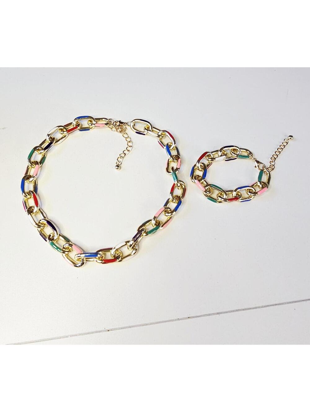 Gold-plated Multicolor Enamel Necklace And Bracelet Set Adjustable Lightweight - Picture 3 of 6